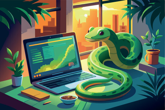 Vector illustration of cute green python coding on the laptop