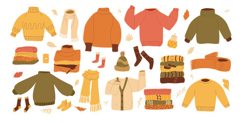 Autumnal sweaters, scarves, socks, and warm accessories set. Fall cozy clothes kit. Hygge and staycation concept. Vector hand drawn flat collection illustration isolated on white background.