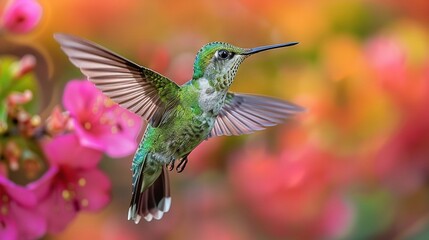 Fototapeta premium Hummingbird soars gracefully with wings spread wide, pink flower in focal point, blurry backdrop