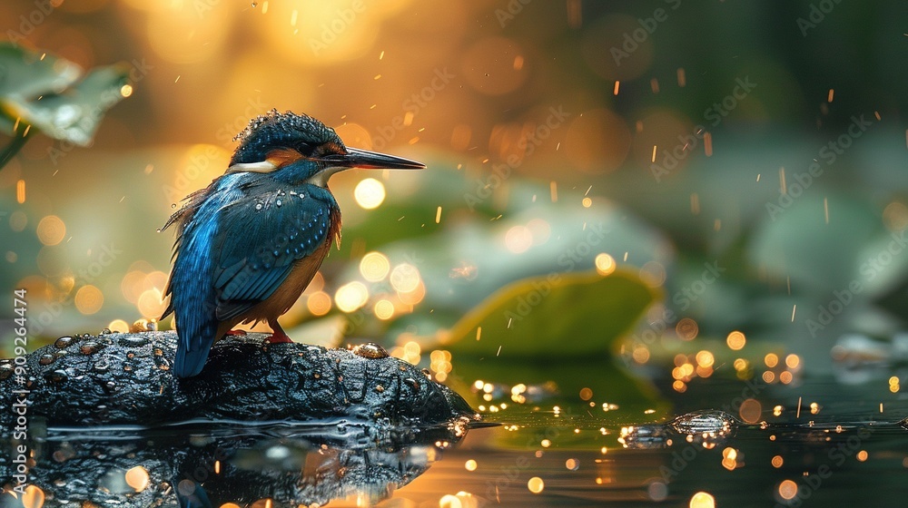 Poster a bluebird perched atop a rock amidst a tranquil body of water, surrounded by droplets