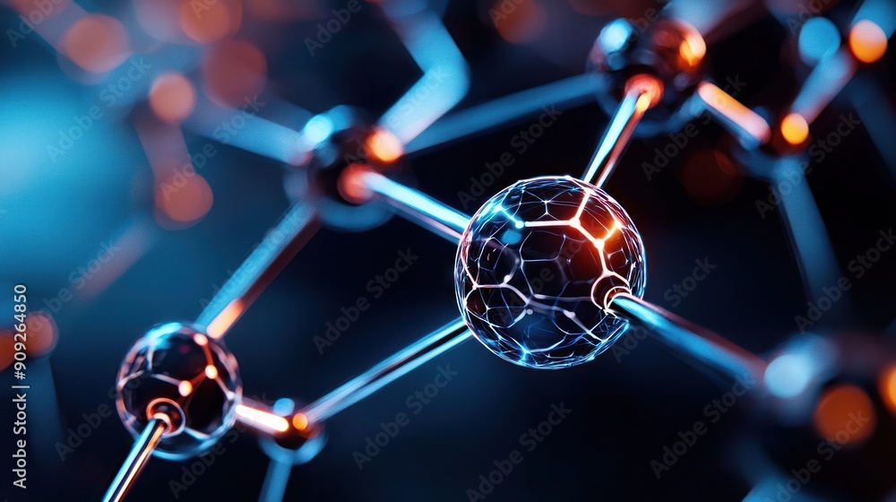 Poster a vibrant representation of molecular structures, showcasing interconnected atoms in a futuristic st