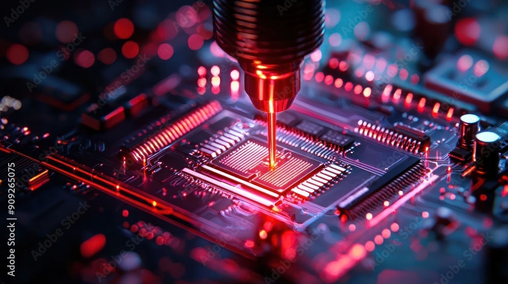 Aufkleber close-up view of a circuit board with a laser engraving tool, showcasing technology and precision in
