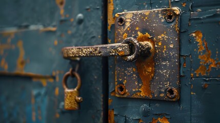 Rusty Metallic Locked Security Patch Management Door with Weathered Texture and Decay