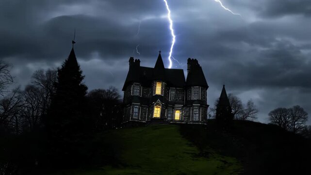 haunted house on a foggy night: An eerie, dilapidated mansion with broken windows and overgrown vines, surrounded by thick, rolling fog. Flickering lights from the windows suggest ghostly activity ins