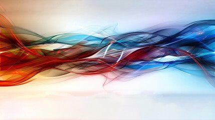   An abstract painting features hues of blue, red, and orange smoke against a white backdrop, reflecting light on the left edge