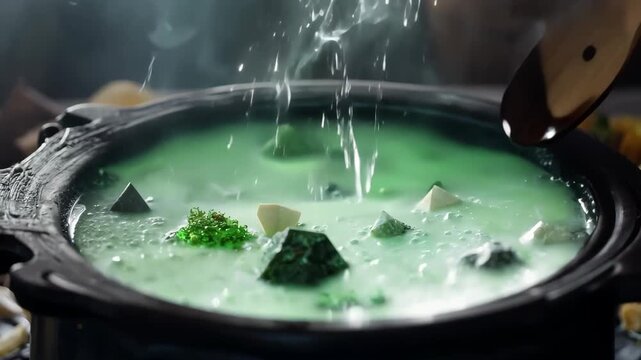 Stirring a bubbling witches cauldron, Witch making a potion in her cauldron, Spooky Halloween