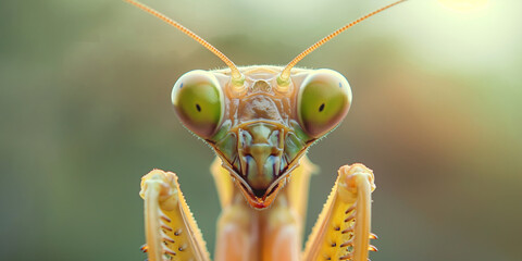 Macro shot of a praying mantis's face, showcasing its compound eyes and delicate antennae, set against a blurred, natural background.