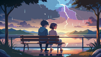 Fototapeta premium A young couple sits on a bench by the lake, in a park overlooking the mountains, in rainy weather. They are in a quarrel, you can see the tension between them