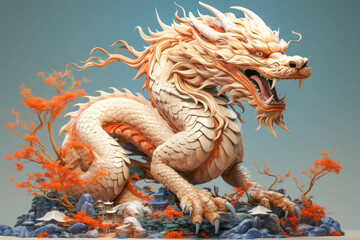 Fototapeta premium Majestic Chinese Dragon Roaring over Autumn Landscape