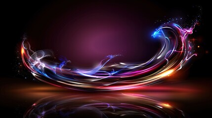   A vibrant wave of illumination on a black canvas with a watery reflection and ground mirror image