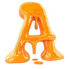 A letter A made of melted orange paint, in 3D style, standing out with a fluid and shiny effect on a white background