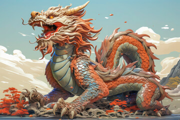 Obraz premium Majestic Chinese Dragon Roaring over Autumn Landscape