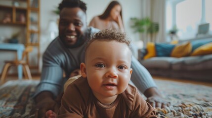 Obraz premium Joyful African-American Baby Crawling on Living Room Floor With Family Background. Generative ai.