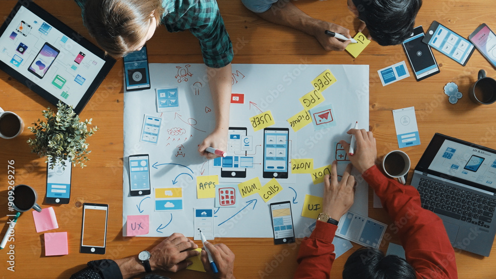Poster top view of developer team sharing idea of ux ui design by using mind map. top down view of group of