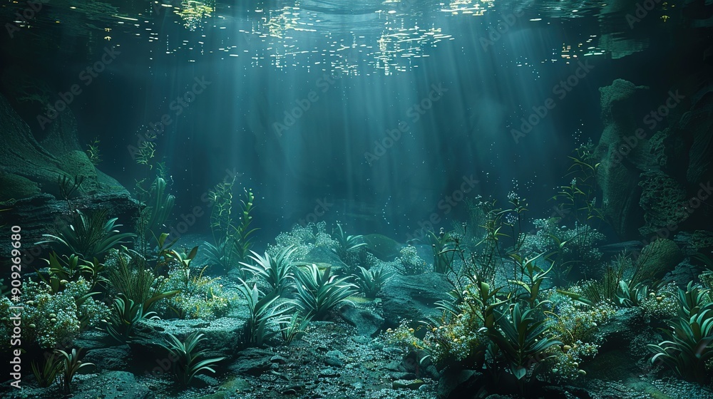 Poster   An image featuring submerged greenery and stones, with rays of light filtering through the water from the background