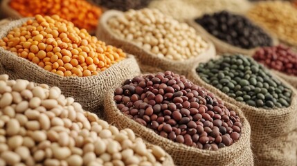 Fototapeta premium Colorful assortment of dried beans and grains in burlap sacks
