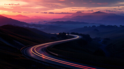 Serpentine road with light trails at twilight, winding through misty hills under a colorful sunset sky.