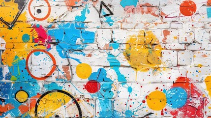 Obraz premium A white brick wall adorned with numerous paint splatters and a prominent clock at its center
