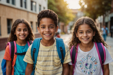 children of different ages all smile, carrying vibrant backpacks for school. Back-to-School!