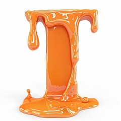 A letter I made of melted orange paint, in 3D style, standing out with a fluid and shiny effect on a white background