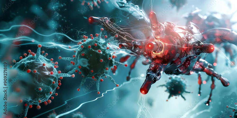 Poster a futuristic representation of nanotechnology in action, with nanoscale robots targeting and destroy