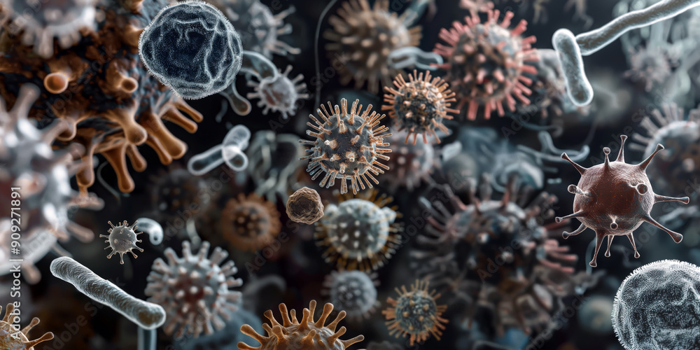 Poster an illustration of various viruses and bacteria floating in a dark background, showcasing their uniq