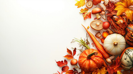 A beautiful display of pumpkins, mushrooms, and fall leaves on a white background, capturing the essence of autumn. Perfect for seasonal decor and Thanksgiving themes