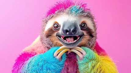 Fototapeta premium A slotty in a colorful jacket holds a stuffed animal with a smile on its face