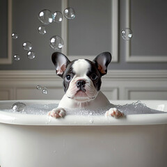 Playful French Bulldog Bathing With Floating Bubbles in Rustic Bathroom Setting. Generative AI