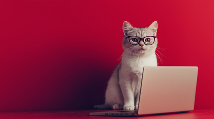Cute cat or Kitten Wearing Glasses Using Laptop with Red Background for Technology and Pet-Themed Advertising or Education Concepts