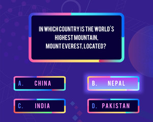 Vector illustration of a quiz template with a multiple-choice question and four answer options. The design features a modern, vibrant color scheme, suitable for educational or entertainment purposes.
