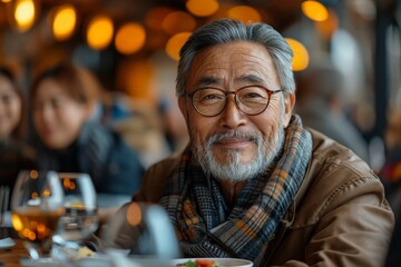 Asian man with glasses and grey beard, wearing a scarf, sitting at a restaurant table with food and drinks, smiling warmly.