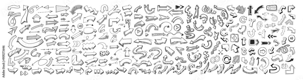 Poster collection hand drawn arrows. set arrows isolated on transparent background. hand drawn arrows, mark
