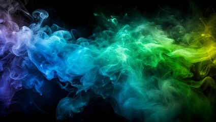 Fototapeta premium Blue, Green, and bright Yellow Color Smoke Swirls in Bright Hues Against a Dark Background in a Creative Display. Generative AI
