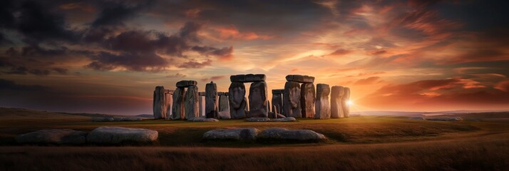 Stonehenge at Sunset: A majestic silhouette of the ancient Stonehenge monument stands tall against a dramatic, fiery sunset, evoking a sense of mystery and wonder.