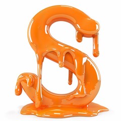 A letter S made of melted orange paint, in 3D style, standing out with a fluid and shiny effect on a white background
