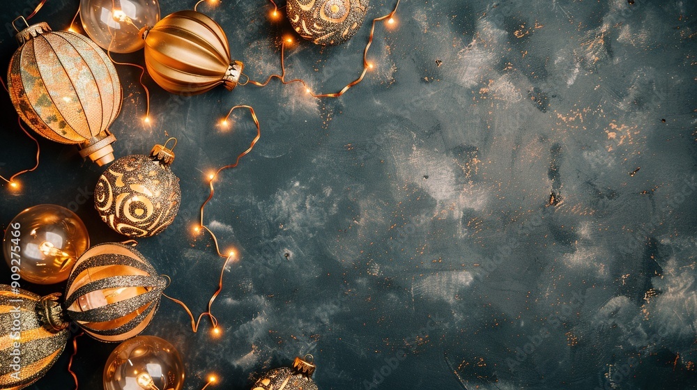 Poster a set of golden and silver accessories on a dark canvas featuring strings of light at the base of ea