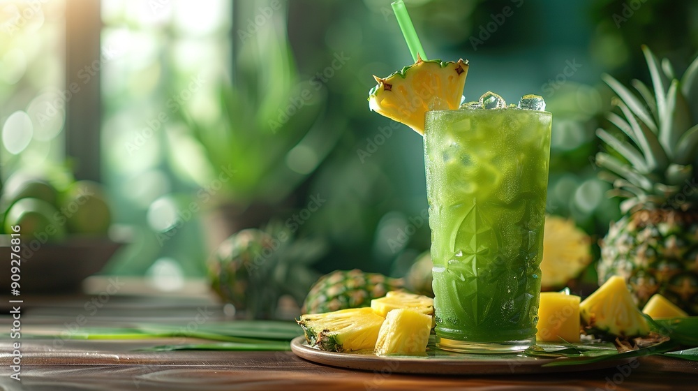 Poster   A glass filled with green drink on a table surrounded by pineapples