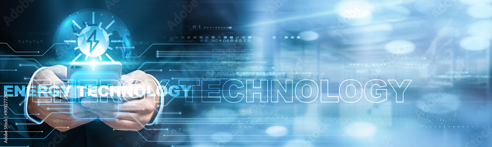 Poster energy technologist using mobile smartphone and energy technology icon network connection collects d