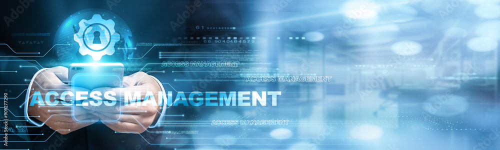 Poster it security professional using mobile smartphone and access management icon network connection manag