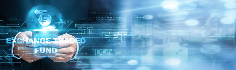 Exchange-traded fund. Financial analyst using mobile smartphone and ETF icon network connection to analyze data with growth trends, investment opportunities, market performance, portfolio management.