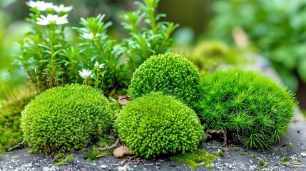   A cluster of verdant foliage atop a mossy boulder surrounded by a meadow of blossoming wildflowers