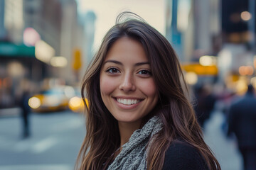 A young woman with long brown hair smiles brightly in a city setting.