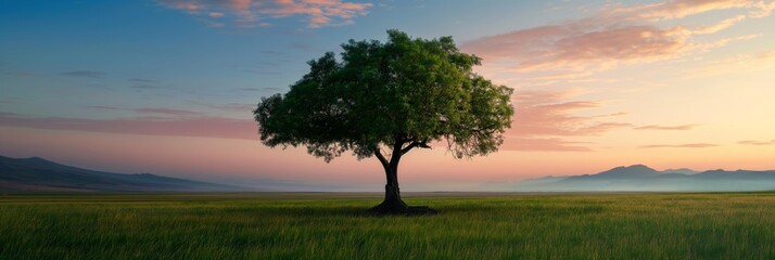 Solitary Tree at Dawn: A lone tree stands tall amidst a misty field, bathed in the soft glow of the rising sun, creating a serene and contemplative scene. 