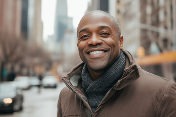 A smiling man wearing a brown coat and grey scarf stands in an urban setting.