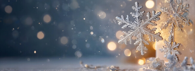 Fototapeta premium Blurred christmas background with snowflakes, sparkles, icy snowfall magic new year festive, winter holidays banner, glowing lights bokeh, greeting postcard with copy space. 