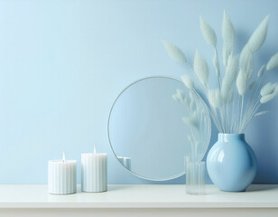 Chic Cosmetic Table with Mirror, Candles, and Dried Flowers  Bathroom Accessories for Stylish Home Decor