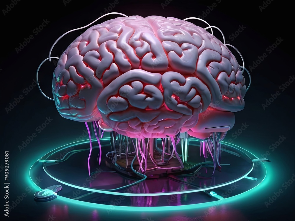 Poster a glowing brain model with intricate details is placed on a circular platform, emitting vibrant neon