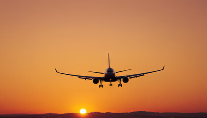 Fototapeta premium An airplane descends toward the runway as a vibrant sunset casts colorful hues over the mountains and sky