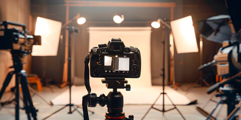 Camara fotografica profesional empotrada a un tripie en un estudio 